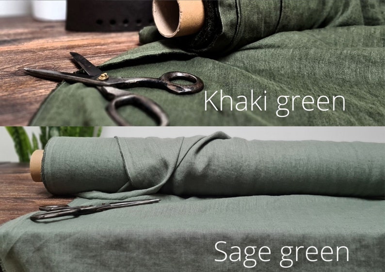 Linen fabric green tones, Fabric by the yard or meter, Softened washed flax fabric green shades image 8