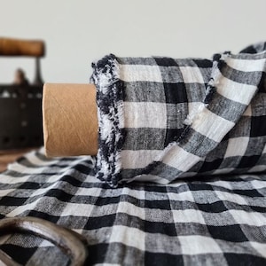 Linen fabric black with white checks, Linen fabric by the yard or meter, Checked flax for sewing