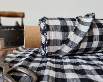 Linen fabric black with white checks, Linen fabric by the yard or meter, Checked flax for sewing