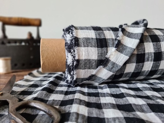 Linen fabric black with white checks, Linen fabric by the yard or meter, Checked flax for sewing
