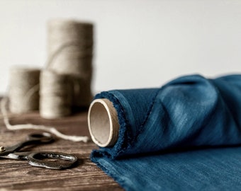 Linen fabric ocean blue, Washed softened flax fabrics, Fabric by the yard or meter