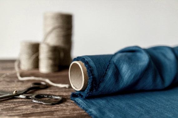 Linen fabric ocean blue, Washed softened flax fabrics, Fabric by the yard or meter