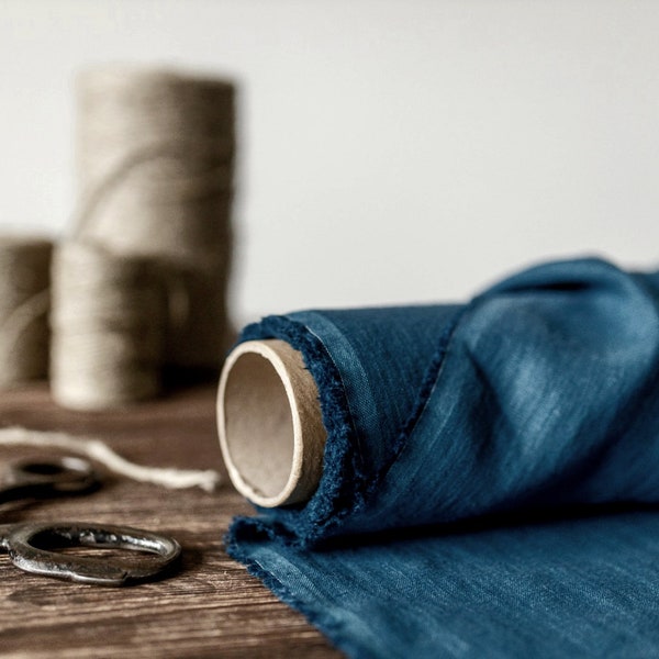 Linen fabric ocean blue, Washed softened flax fabrics, Fabric by the yard or meter