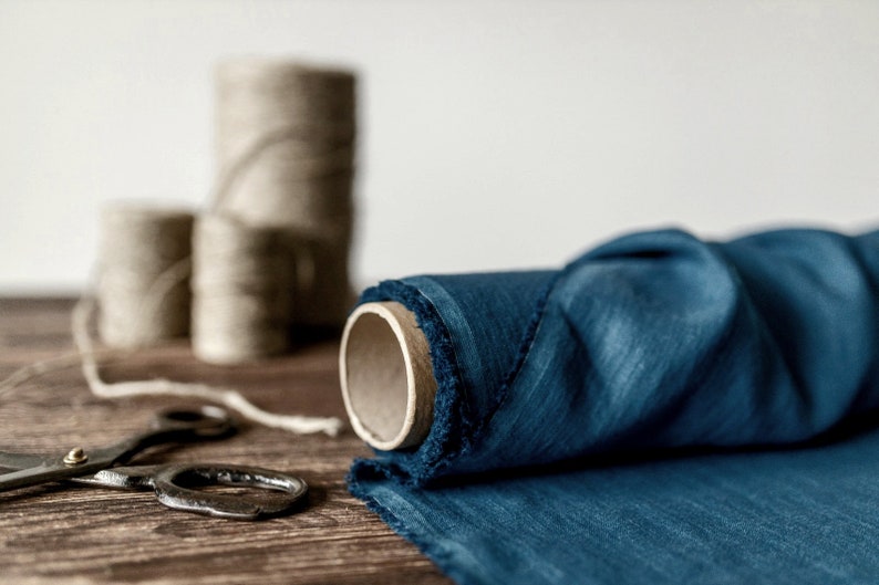 Linen fabric ocean blue, Washed softened flax fabrics, Fabric by the yard or meter image 1