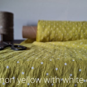lemon yellow with white dots linen fabric texture,  linen material for curtains and clothing, 145 cm wide (57 inches), medium weight, sold by length from 0.5 m or 0.5 yard