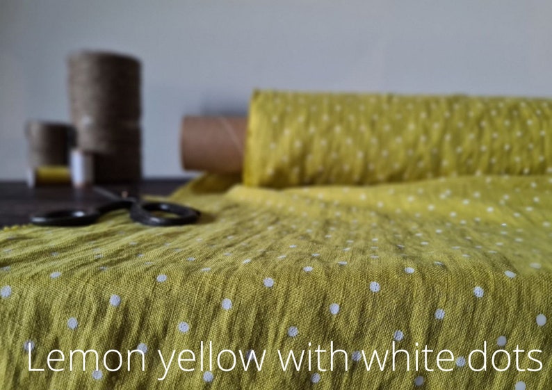 lemon yellow with white dots linen fabric texture,  linen material for curtains and clothing, 145 cm wide (57 inches), medium weight, sold by length from 0.5 m or 0.5 yard