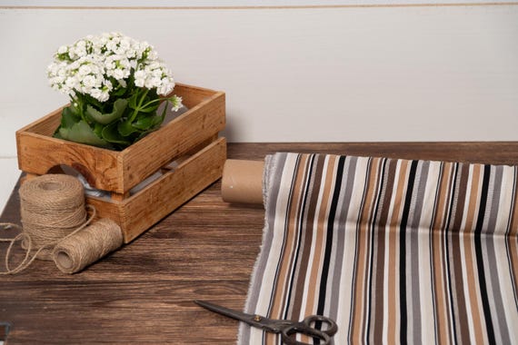 Brown Rainbow striped lightweight linen blend fabric, Fabric by the yard or meter