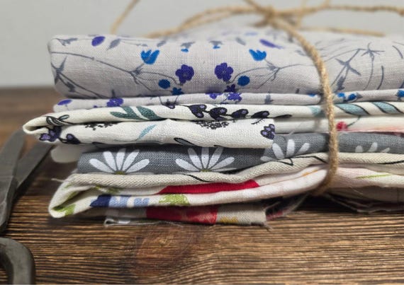 Linen Fabric Remnants printed mix– Assorted Sizes & Colors – Natural 100% Linen Leftovers