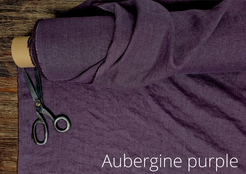 Tejido de lino morado lavanda, Tejidos de lino suavizados lavados, Tejido cortado a medida o metro Aubergine Purple
