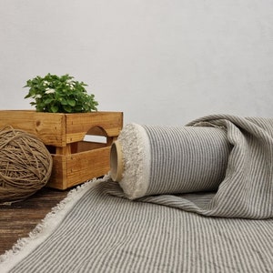 Linen fabric natural undyed with wide green stripes, Natural fabric by the yard or meter,  Striped washed flax sewing fabrics