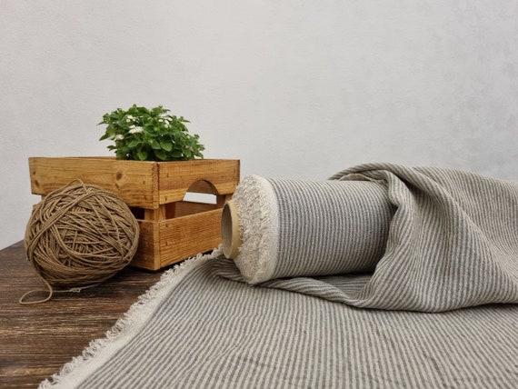 Linen fabric natural undyed with wide green stripes, Natural fabric by the yard or meter,  Striped washed flax sewing fabrics