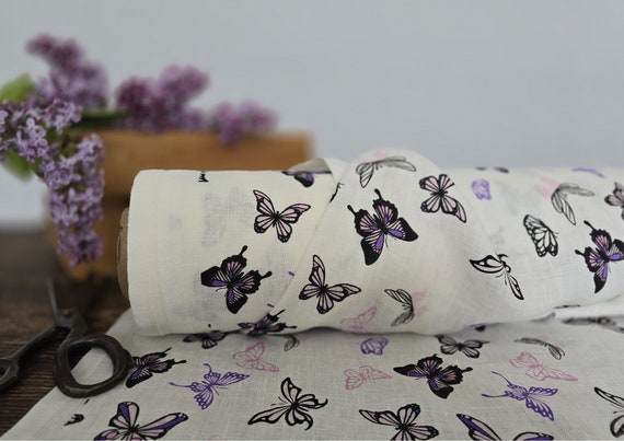 Linen fabric milk white with printed purple butterflies, Printed linen fabric by the yard or meter