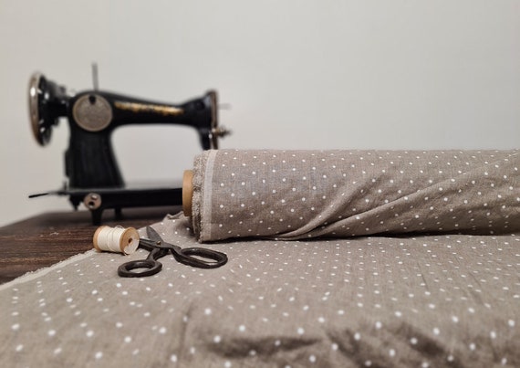 Linen fabric natural with white polka dots, Fabric by the yard or meter, Softened washed flax fabric
