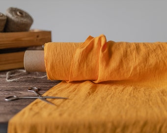 Linen fabric Golden yellow, Washed softened flax fabrics, Fabric by the yard or meter