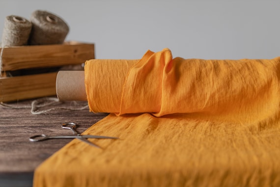 Linen fabric Golden yellow, Washed softened flax fabrics, Fabric by the yard or meter