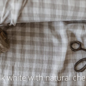 milk white checks linen fabric texture, natural woven linen material for curtains and clothing, 145 cm wide (57 inches), OEKO-TEX Standard 100 certified, medium weight, sold by length from 0.5 m or 0.5 yard