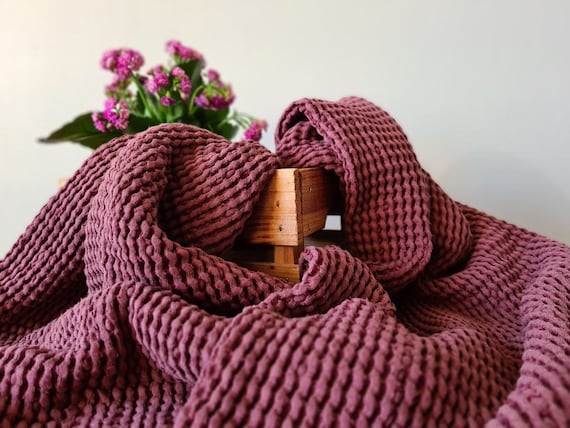 Waffle linen fabric light aubergine purple, Fabric by the yard or meter, Washed softened flax fabric
