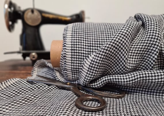 Black & White houndstooth linen fabric, Washed fabric by the yard or meter, Flax sewing fabrics