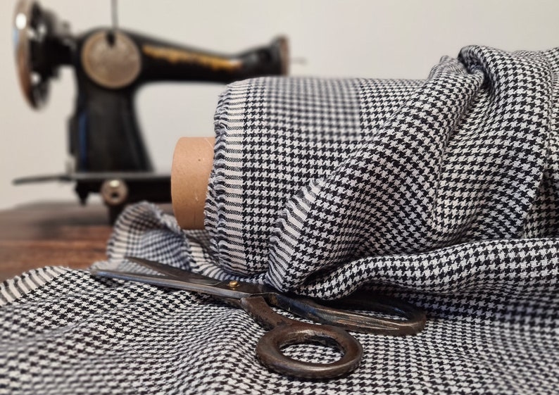 black with white houndstooth pattern linen fabric texture, natural woven linen material for curtains and clothing, 145 cm wide (57 inches), OEKO-TEX Standard 100 certified, medium weight, sold by length from 0.5 m or 0.5 yard