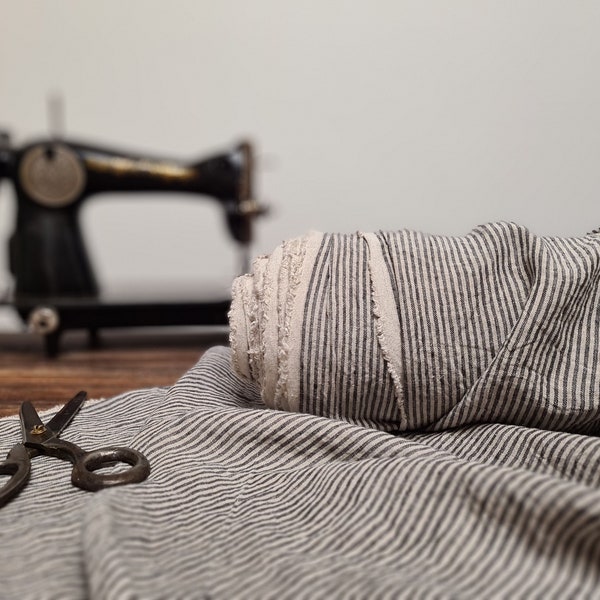 Tissu de lin naturel noir à larges rayures, Tissu naturel par verge ou mètre, Tissus à coudre en lin lavé