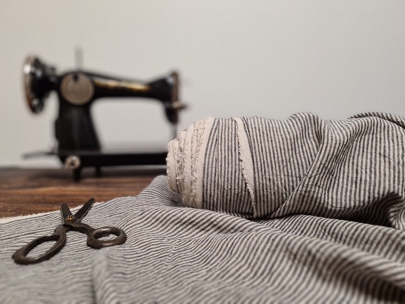 natural with black white striped linen blend fabric texture,  linen material for curtains and clothing, 145 cm wide (57 inches), medium weight, sold by length from 0.5 m or 0.5 yard