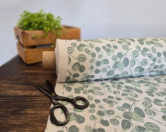Printed linen natural fabric with green leaves, Natural floral fabric by the yard or meter, Washed floral flax sewing fabrics