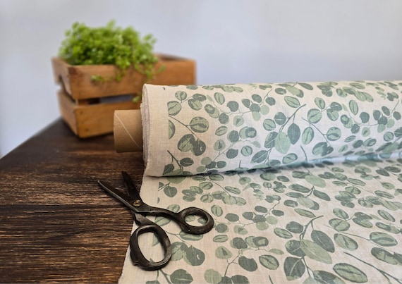 Printed linen natural fabric with green leaves, Natural floral fabric by the yard or meter, Washed floral flax sewing fabrics