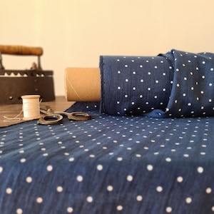 Linen fabric navy blue with dots, Fabric by the yard or meter, Softened washed linen fabric