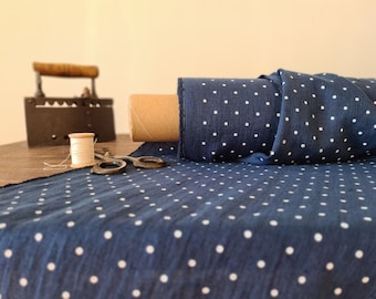 Linen fabric navy blue with dots, Fabric by the yard or meter, Softened washed linen fabric