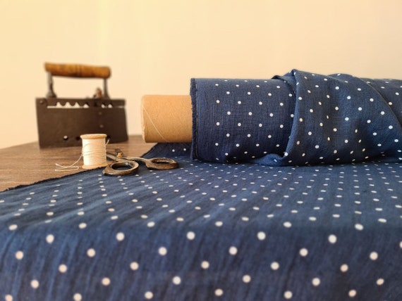 Linen fabric navy blue with dots, Fabric by the yard or meter, Softened washed linen fabric