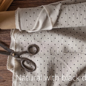 natural undyed with black dots linen fabric texture,  linen material for curtains and clothing, 145 cm wide (57 inches), medium weight, sold by length from 0.5 m or 0.5 yard
