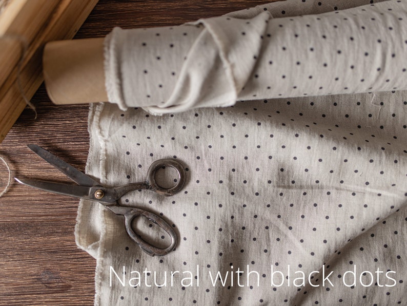 natural undyed with black dots linen fabric texture,  linen material for curtains and clothing, 145 cm wide (57 inches), medium weight, sold by length from 0.5 m or 0.5 yard