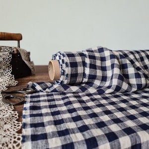 Linen fabric natural with blue checks, Linen fabric by the yard or meter, Checked flax for sewing
