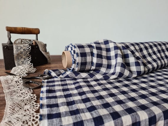Linen fabric natural with blue checks, Linen fabric by the yard or meter, Checked flax for sewing