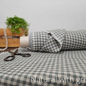 Linen fabric black with sand beige checks, Linen fabric by the yard or meter, Checked flax for sewing Natural / Green