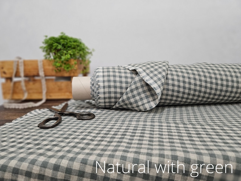 Linen fabric black with sand beige checks, Linen fabric by the yard or meter, Checked flax for sewing Natural / Green