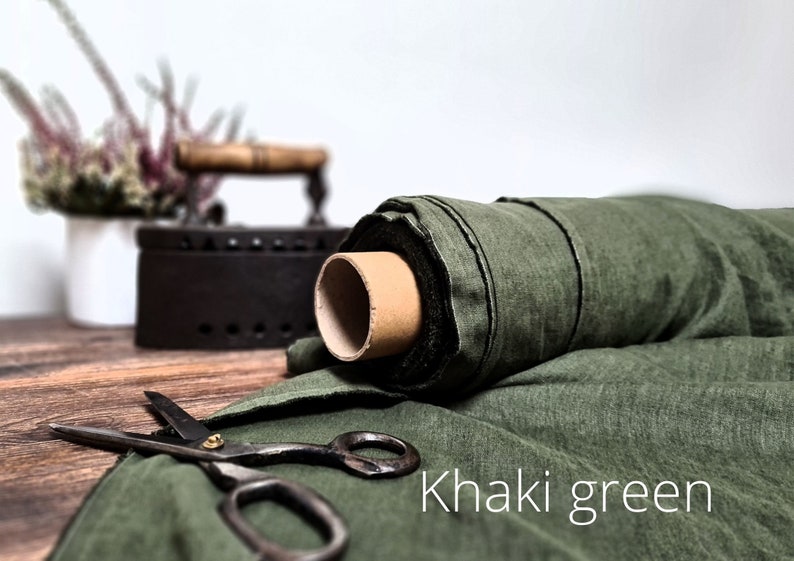 Moss Green linen fabric, Fabric by the yard or meter, Prewashed softened flax fabric Khaki Green
