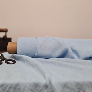Linen fabric ice blue, Fabric by the yard or meter, Softened pre washed flax fabric