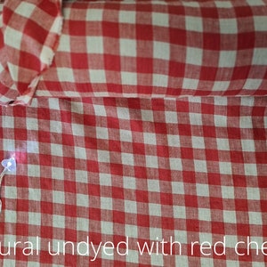 red with natural undyed linen fabric texture, natural woven linen material for curtains and clothing, 145 cm wide (57 inches), OEKO-TEX Standard 100 certified, medium weight, sold by length from 0.5 m or 0.5 yard