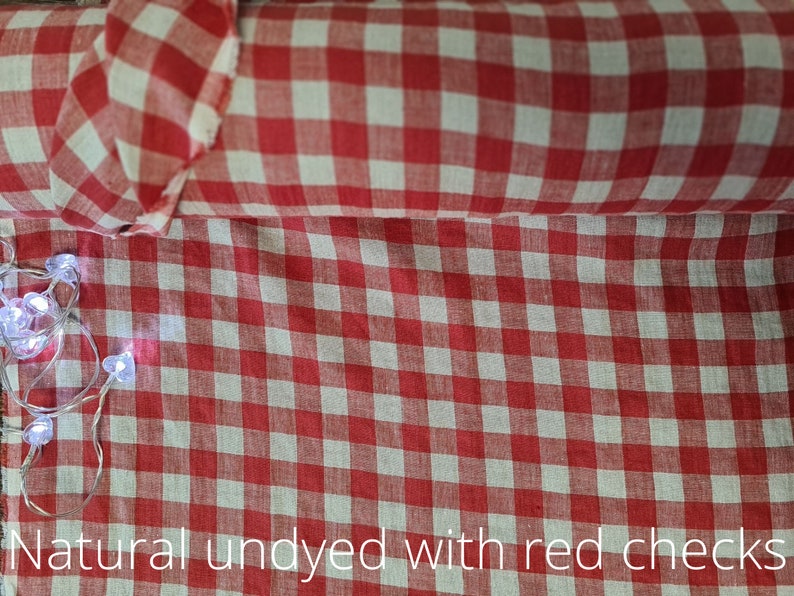 red with natural undyed linen fabric texture, natural woven linen material for curtains and clothing, 145 cm wide (57 inches), OEKO-TEX Standard 100 certified, medium weight, sold by length from 0.5 m or 0.5 yard