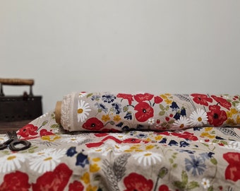 Linen fabric meadow printed, Natural floral fabric by the yard or meter, Washed floral flax sewing fabrics