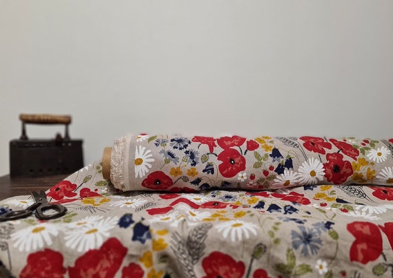 Linen fabric meadow printed, Natural floral fabric by the yard or meter, Washed floral flax sewing fabrics