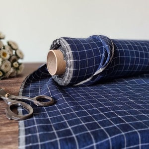 Linen fabric denim blue with white checks, Linen fabric checked by the yard or meter, Washed flax for sewing