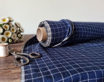 Linen fabric denim blue with white checks, Linen fabric checked by the yard or meter, Washed flax for sewing