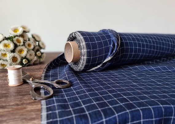Linen fabric denim blue with white checks, Linen fabric checked by the yard or meter, Washed flax for sewing