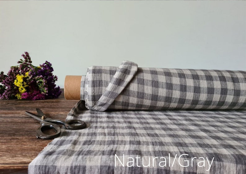 Verificado natural con tela de lino rojo, Check Linen Fabric por los patios o metro, Telas de lino lavado para coser Natural/Gray