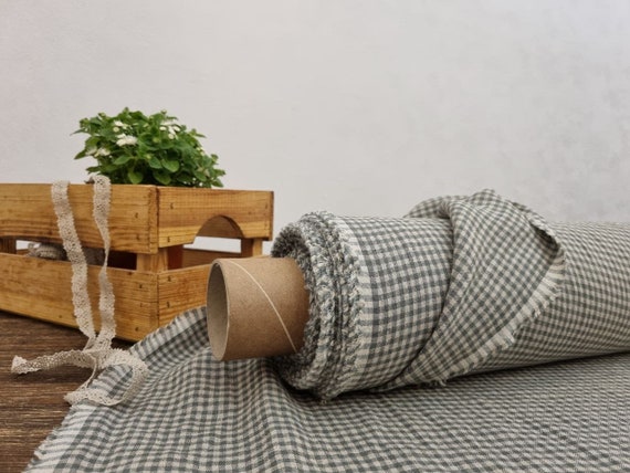 Linen fabric natural undyed with green checks, Linen fabric by the yard or meter, Checked flax for sewing