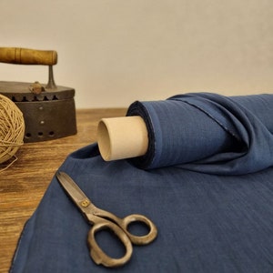 Linen fabric lightweight navy blue, Fabric by the yard or meter, Organic flax fabric