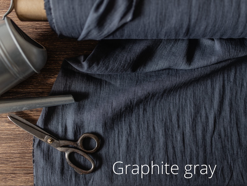 Linen fabric Black, Washed softened linen fabric Fabric by the yard or meter Graphite Gray