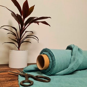 Linen fabric caribbean blue, Fabric by the yard or meter, Softened pre washed flax fabric